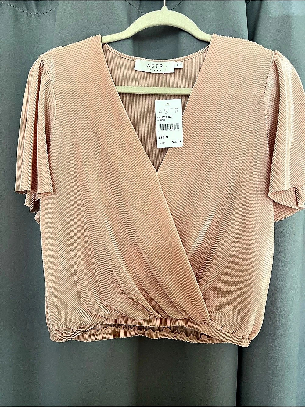 ASTR the Label Plissé Surplice Flutter Sleeve Wrap Top Pink Medium NWT
